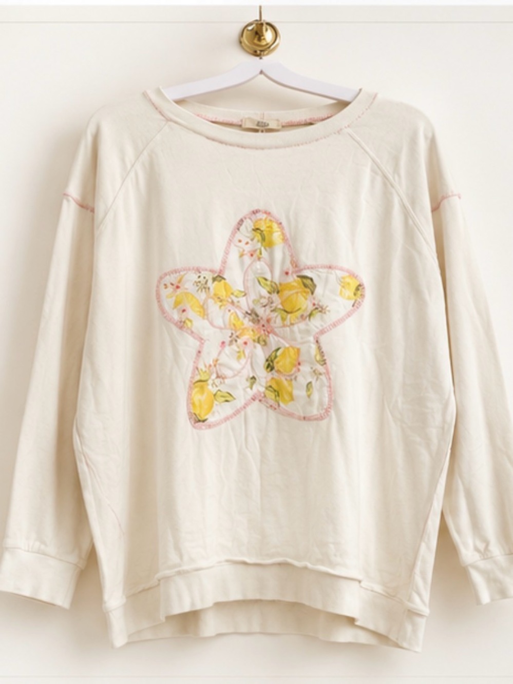 Easel Lemon Floral Star Appliqué Sweatshirt Large 100% Cotton Boho NWT